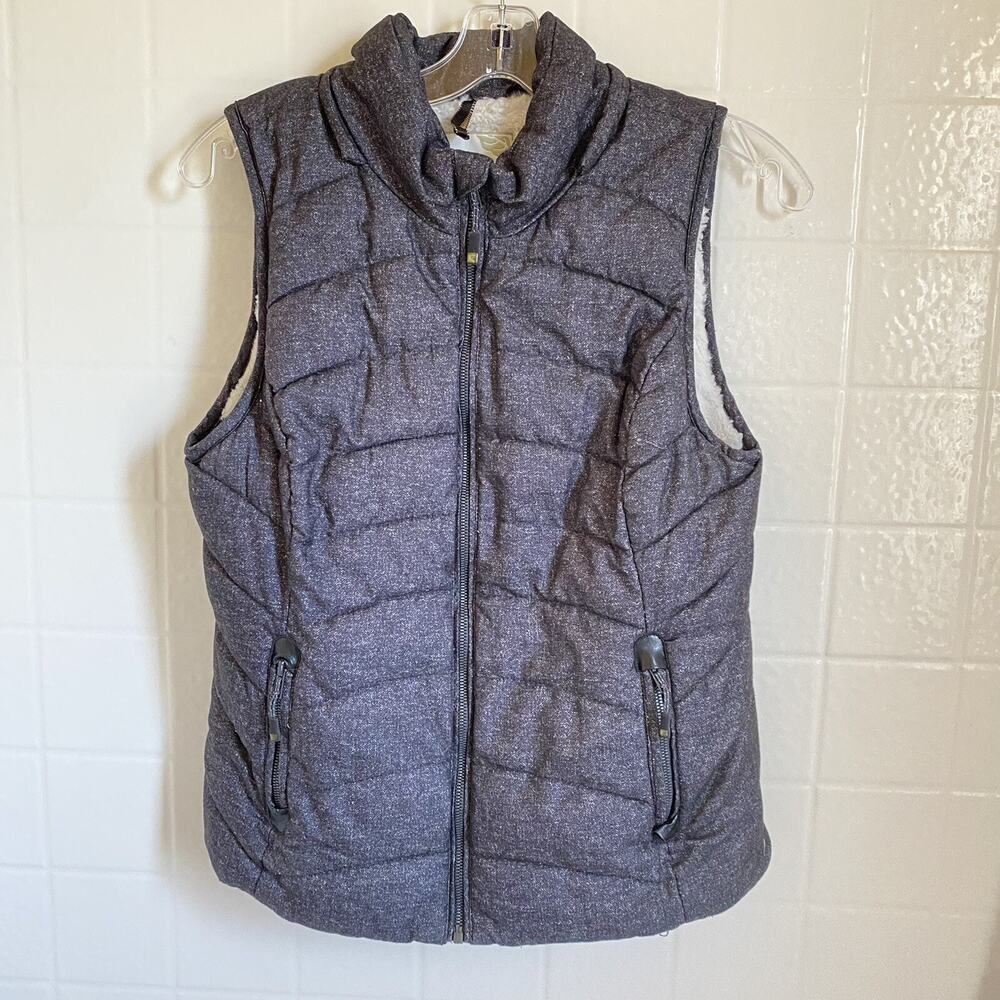 GREEN TEA Vest L Gunmetal Gray Quilted Puffer Vest Faux Shearling Lined Zipper
